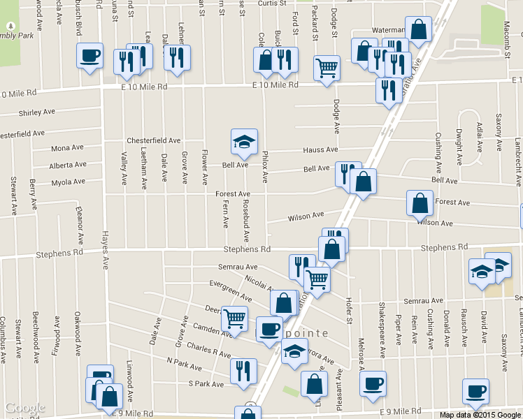 map of restaurants, bars, coffee shops, grocery stores, and more near 24441 Phlox Avenue in Eastpointe