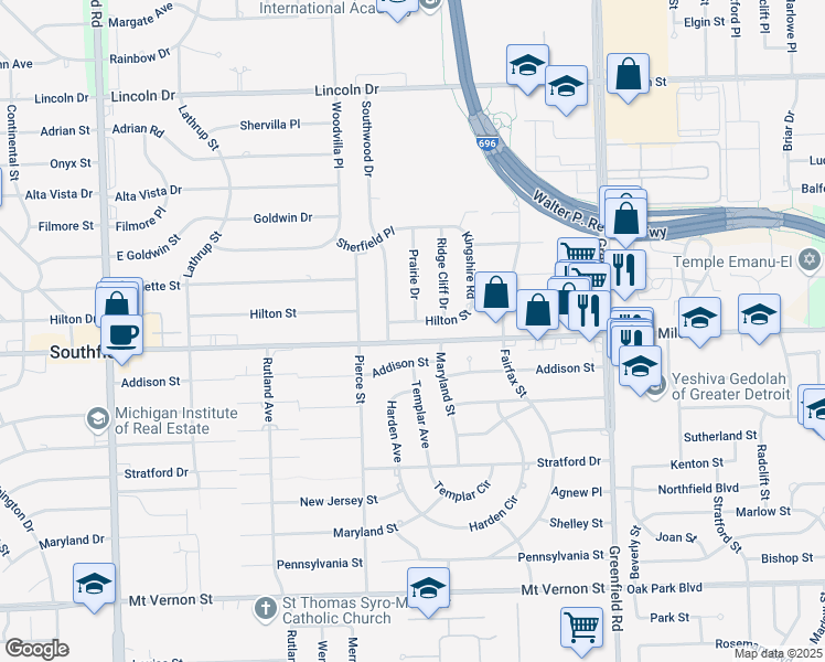 map of restaurants, bars, coffee shops, grocery stores, and more near 16217 Hilton Street in Southfield