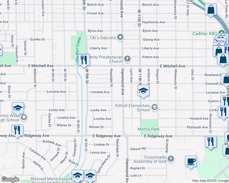 map of restaurants, bars, coffee shops, grocery stores, and more near 2527 Randolph Street in Waterloo