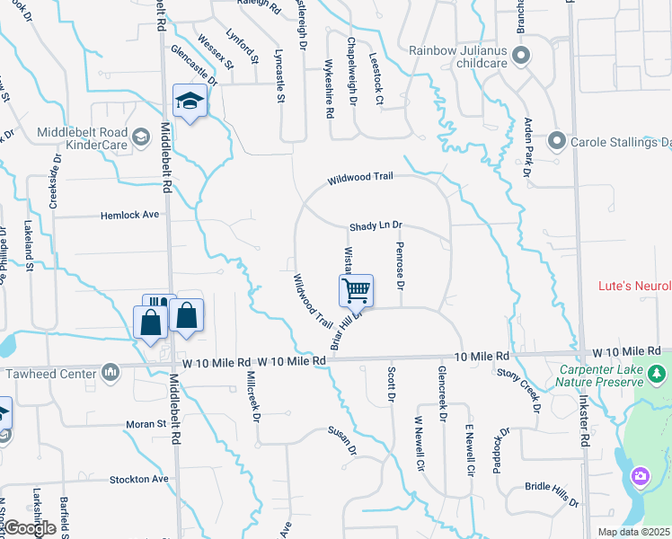 map of restaurants, bars, coffee shops, grocery stores, and more near 24507 Wistaria Drive in Farmington Hills