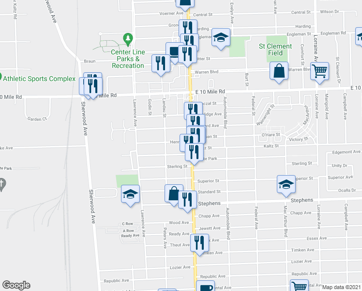 map of restaurants, bars, coffee shops, grocery stores, and more near 7562 Henry Street in Center Line