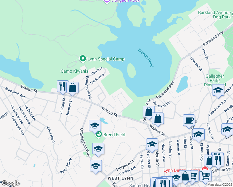 map of restaurants, bars, coffee shops, grocery stores, and more near 1 Woodbury Avenue in Lynn