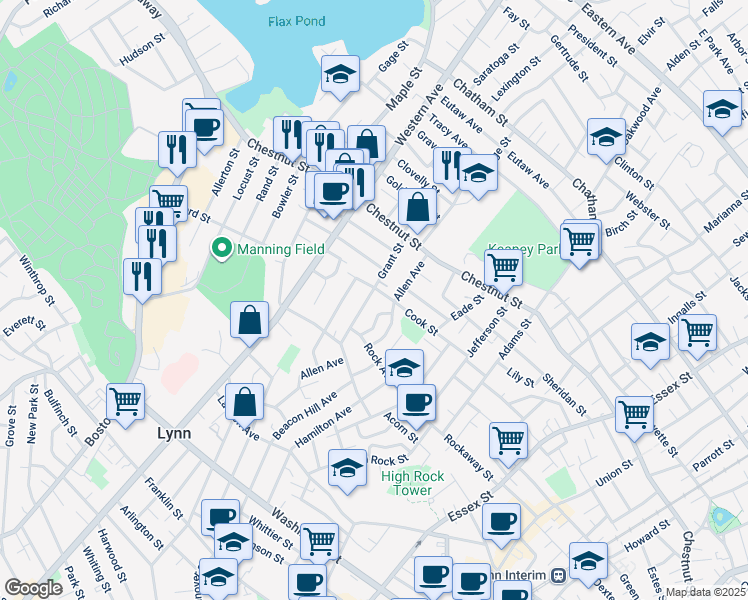 map of restaurants, bars, coffee shops, grocery stores, and more near 62 Grant Street in Lynn
