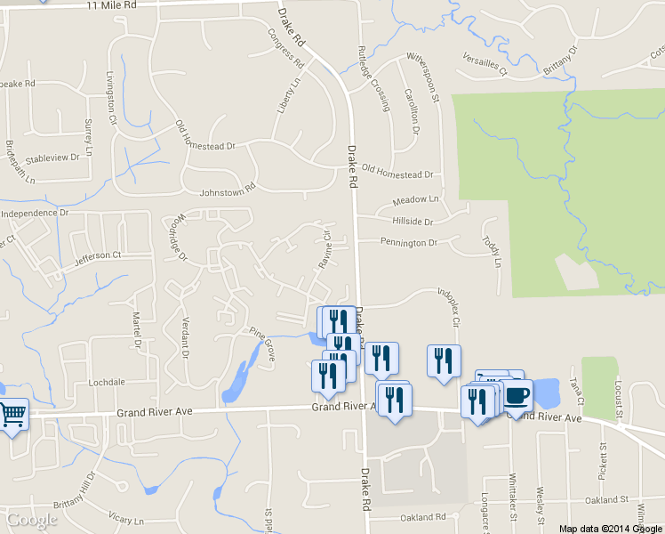 map of restaurants, bars, coffee shops, grocery stores, and more near 24942 Ravine Court in Farmington Hills