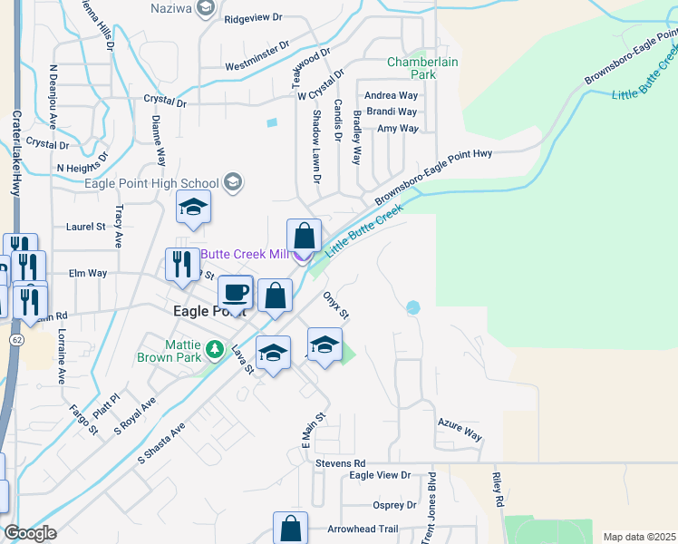 map of restaurants, bars, coffee shops, grocery stores, and more near 212 North Shasta Avenue in Eagle Point