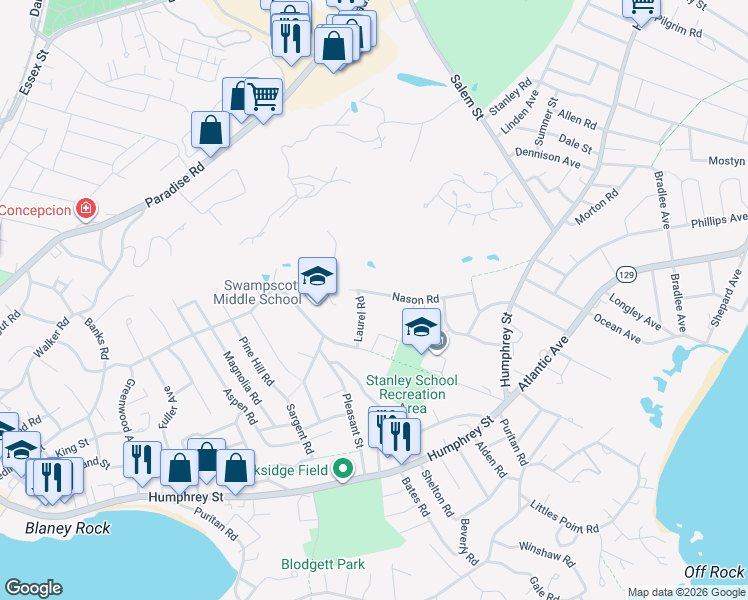 map of restaurants, bars, coffee shops, grocery stores, and more near 27 Laurel Road in Swampscott