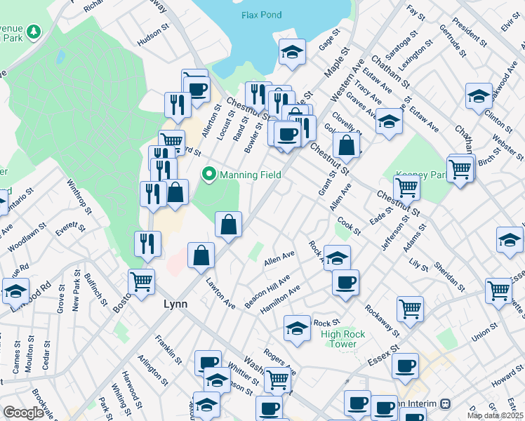 map of restaurants, bars, coffee shops, grocery stores, and more near in Lynn