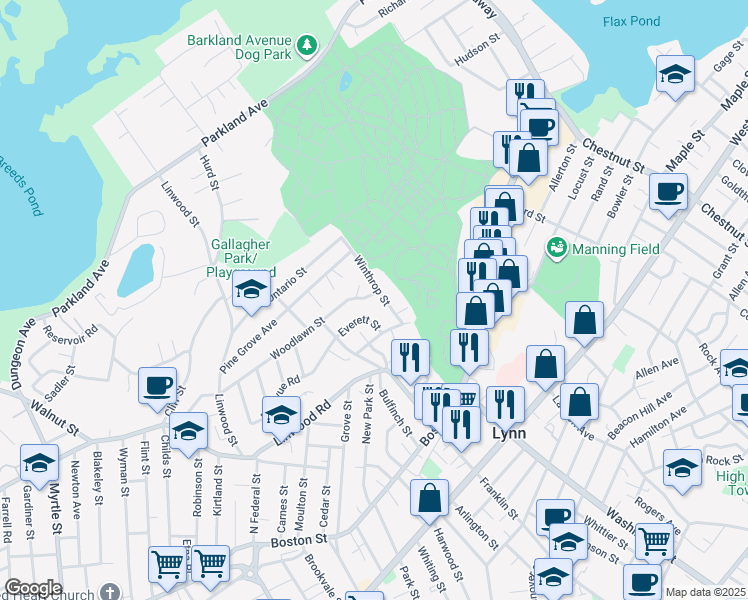 map of restaurants, bars, coffee shops, grocery stores, and more near 25 Winthrop Street in Lynn