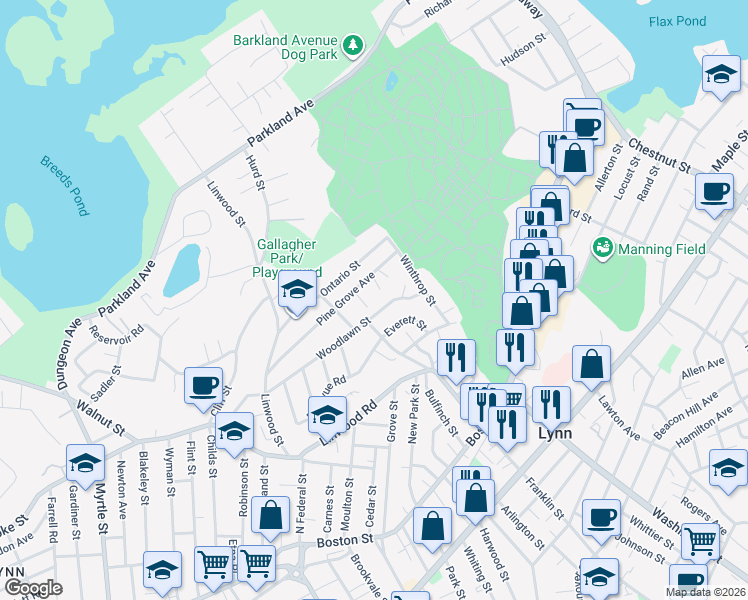 map of restaurants, bars, coffee shops, grocery stores, and more near 10 Morgan Street in Lynn