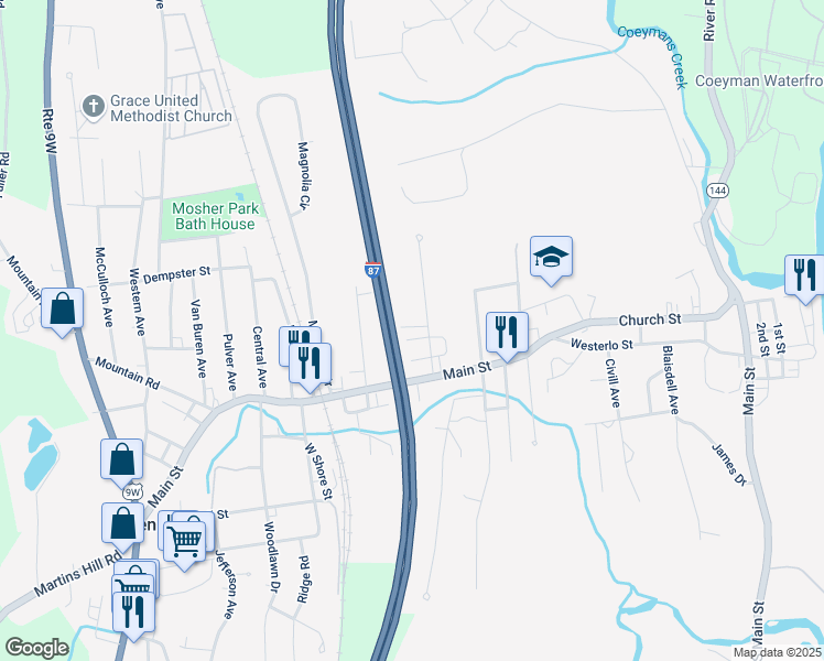 map of restaurants, bars, coffee shops, grocery stores, and more near 15 Willis Avenue in Ravena