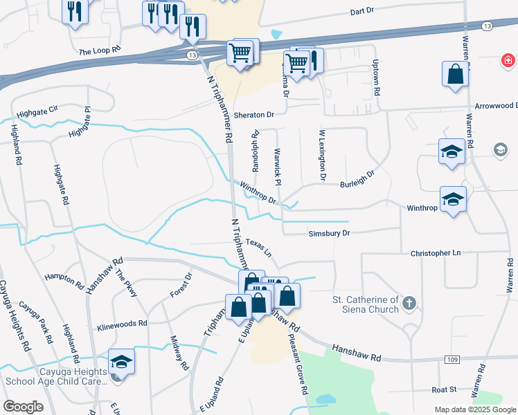 map of restaurants, bars, coffee shops, grocery stores, and more near 4 Winthrop Pl in Ithaca