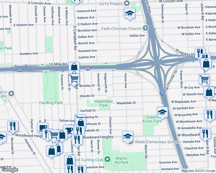 map of restaurants, bars, coffee shops, grocery stores, and more near 3245 Edgeworth Street in Ferndale