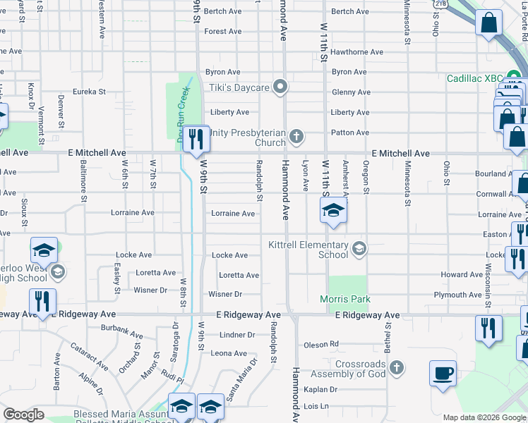 map of restaurants, bars, coffee shops, grocery stores, and more near 2527 Randolph Street in Waterloo