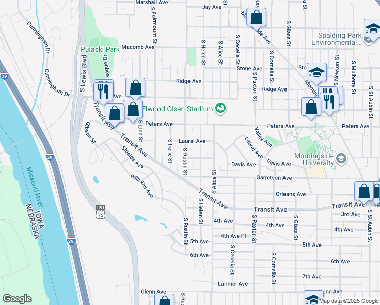 map of restaurants, bars, coffee shops, grocery stores, and more near 1623 South Helen Street in Sioux City