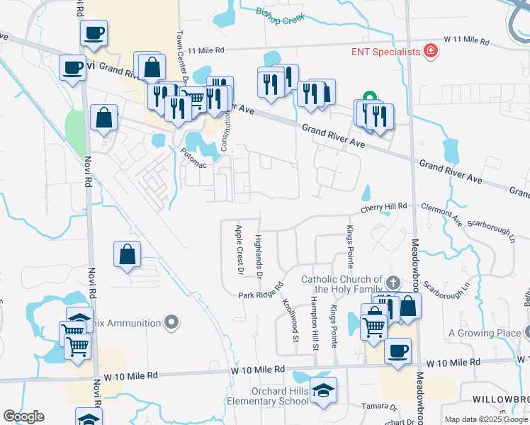 map of restaurants, bars, coffee shops, grocery stores, and more near 24916 Highlands Drive in Novi