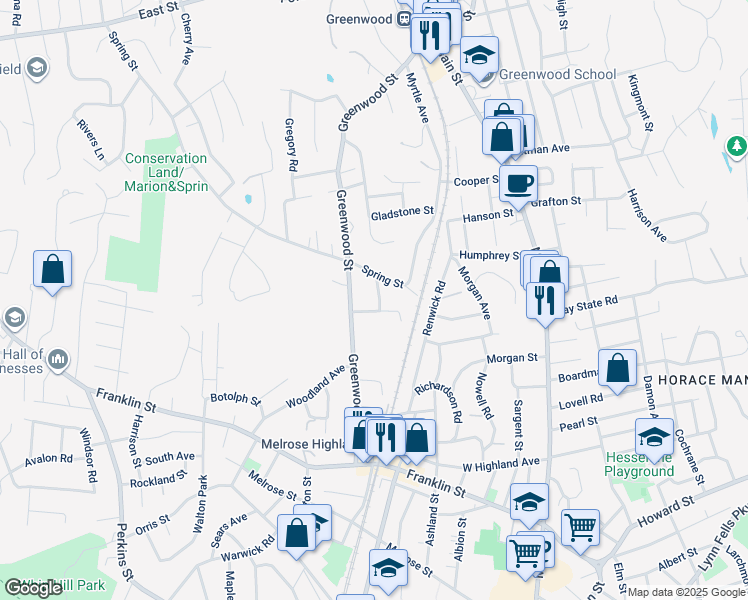 map of restaurants, bars, coffee shops, grocery stores, and more near 16 Linden Street in Wakefield