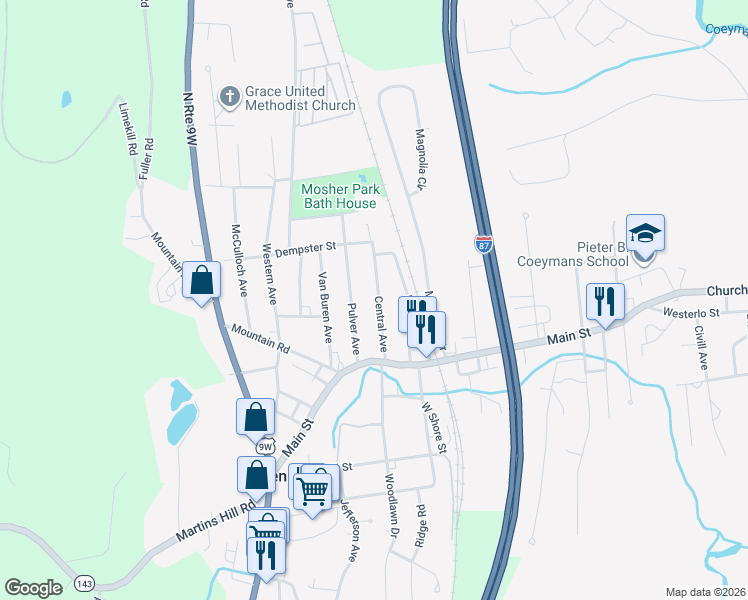 map of restaurants, bars, coffee shops, grocery stores, and more near 27 Central Avenue in Ravena
