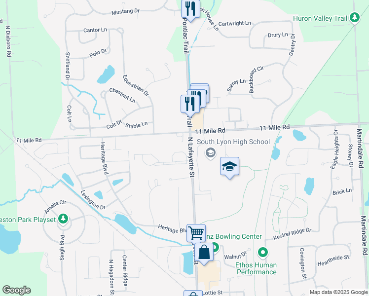 map of restaurants, bars, coffee shops, grocery stores, and more near 61175 Greenwood Drive in South Lyon