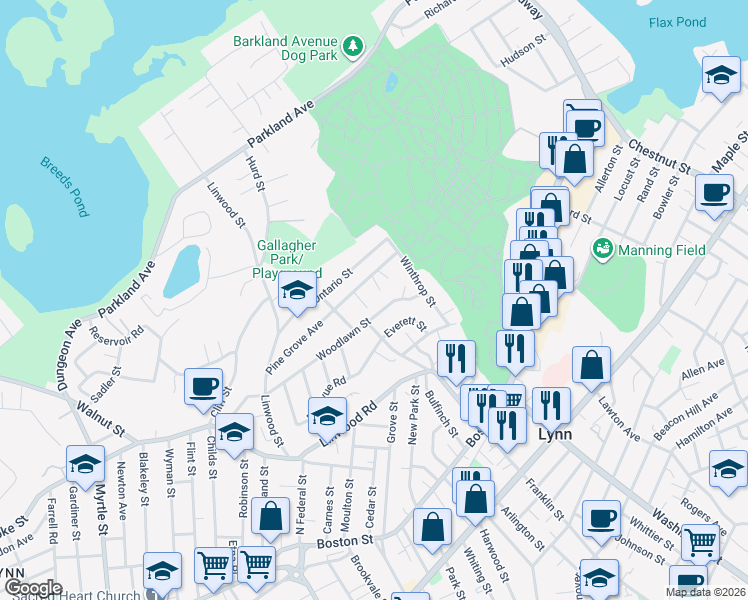 map of restaurants, bars, coffee shops, grocery stores, and more near 10 Morgan Street in Lynn