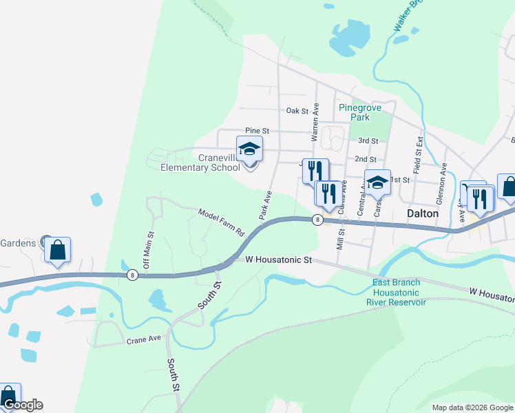 map of restaurants, bars, coffee shops, grocery stores, and more near 2-46 Park Avenue in Dalton