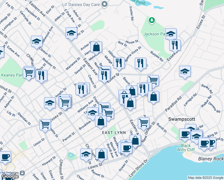 map of restaurants, bars, coffee shops, grocery stores, and more near 225 Eastern Avenue in Lynn