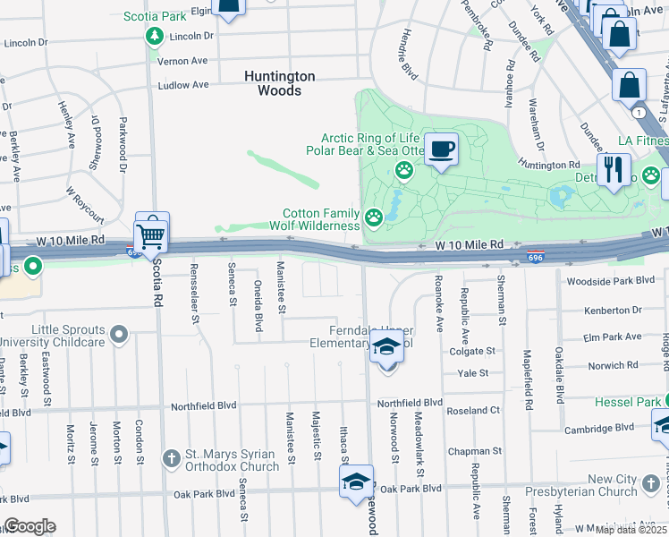 map of restaurants, bars, coffee shops, grocery stores, and more near 24641 Pinehurst Avenue in Oak Park