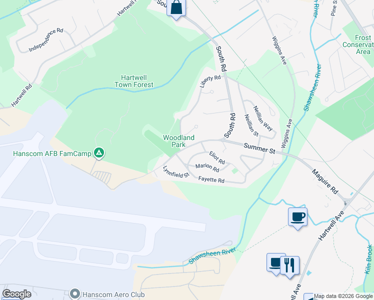 map of restaurants, bars, coffee shops, grocery stores, and more near 356 South Road in Bedford