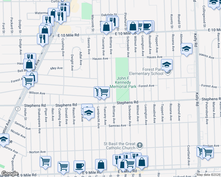map of restaurants, bars, coffee shops, grocery stores, and more near 24309 Brittany Avenue in Eastpointe