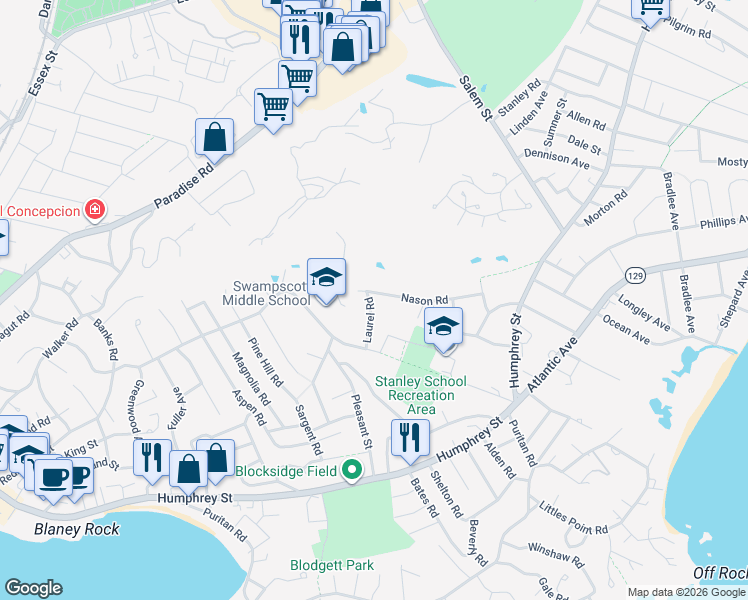 map of restaurants, bars, coffee shops, grocery stores, and more near 27 Laurel Road in Swampscott
