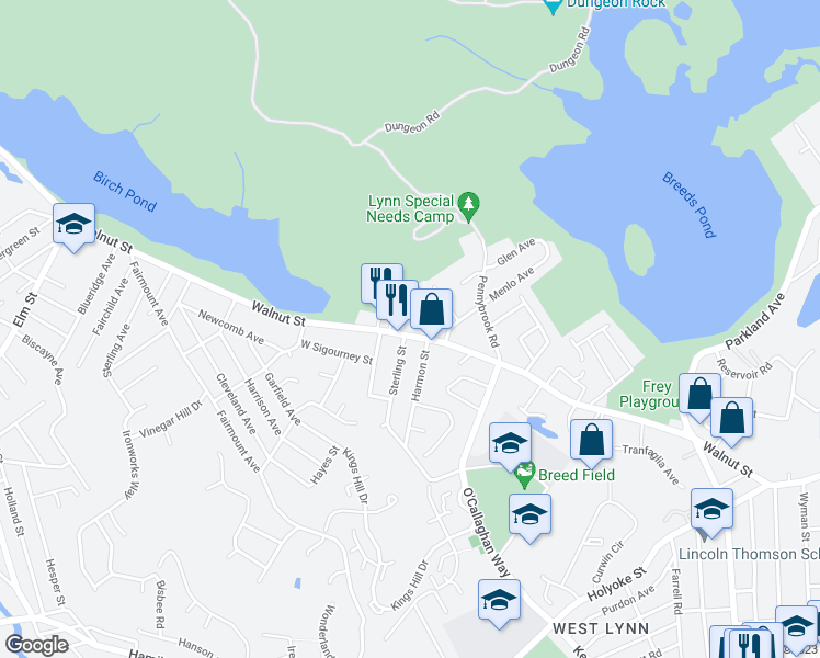 map of restaurants, bars, coffee shops, grocery stores, and more near 567 Walnut Street in Lynn