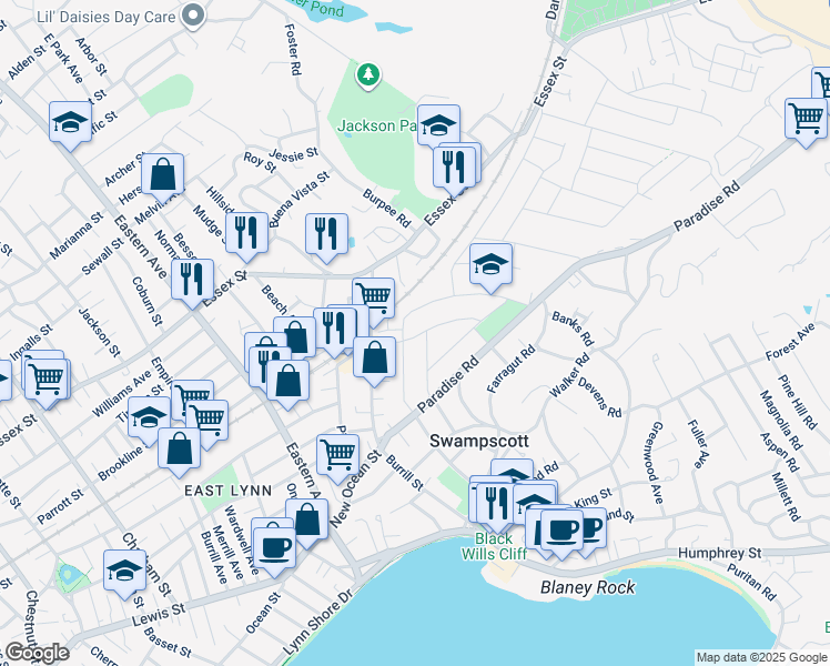 map of restaurants, bars, coffee shops, grocery stores, and more near 36 Middlesex Avenue in Swampscott