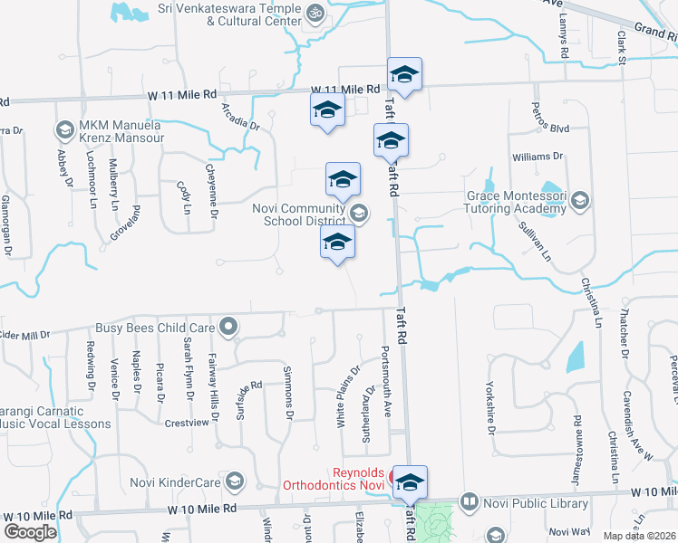 map of restaurants, bars, coffee shops, grocery stores, and more near 25195 Taft Road in Novi