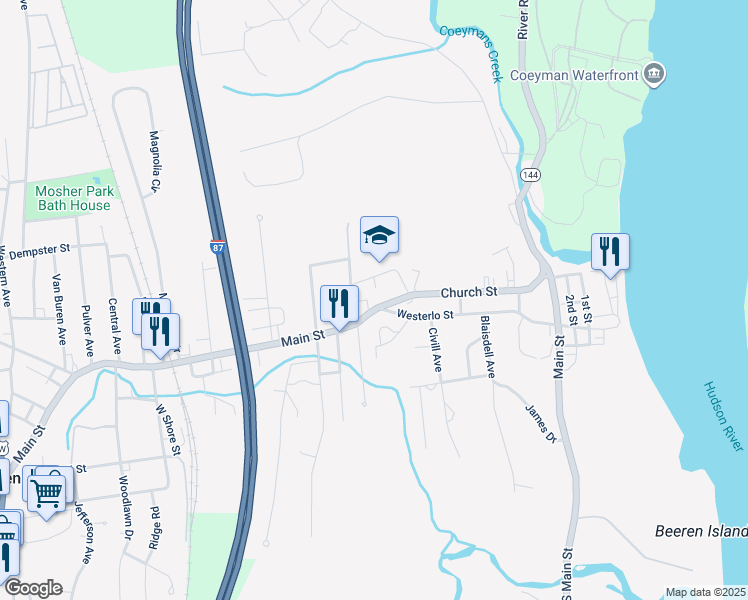 map of restaurants, bars, coffee shops, grocery stores, and more near 1 Main Street in Ravena