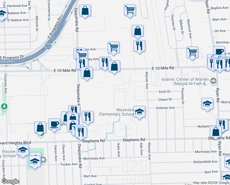 map of restaurants, bars, coffee shops, grocery stores, and more near 2428 Chalk Farm Road North in Warren