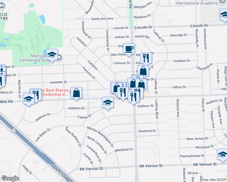 map of restaurants, bars, coffee shops, grocery stores, and more near 18275 Hilton Drive in Southfield