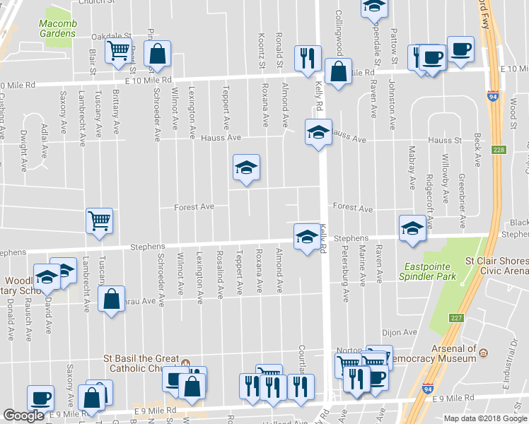 map of restaurants, bars, coffee shops, grocery stores, and more near 24287 Roxana Avenue in Eastpointe