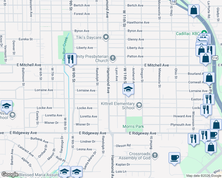 map of restaurants, bars, coffee shops, grocery stores, and more near 1325 Hammond Avenue in Waterloo