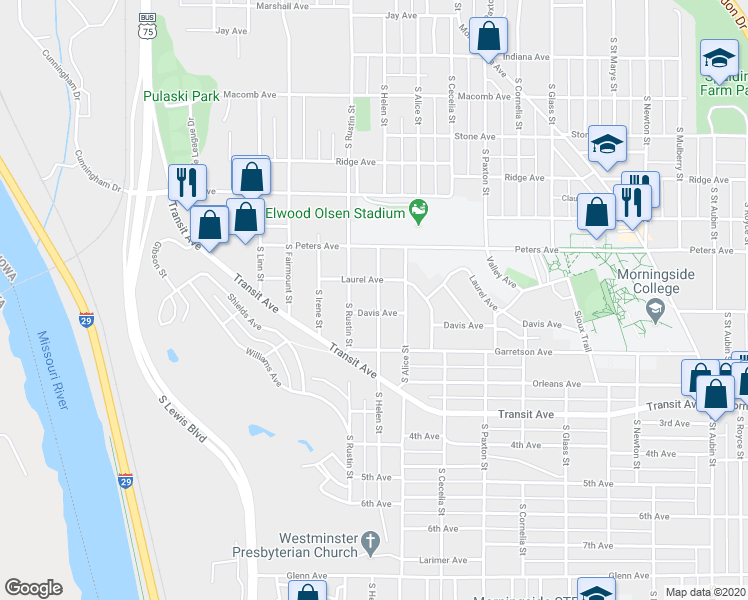 map of restaurants, bars, coffee shops, grocery stores, and more near 1623 South Helen Street in Sioux City