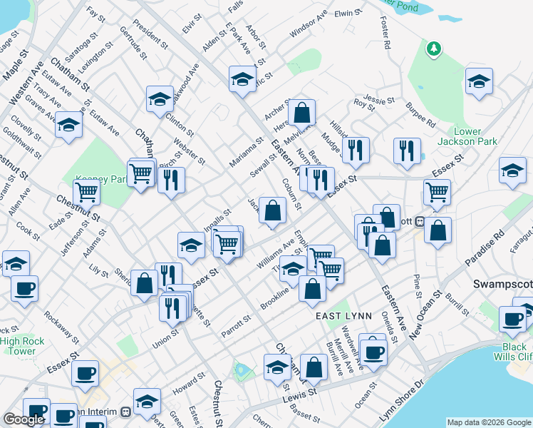 map of restaurants, bars, coffee shops, grocery stores, and more near 29 Jackson Street in Lynn