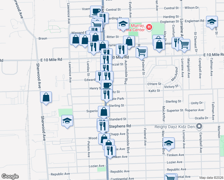 map of restaurants, bars, coffee shops, grocery stores, and more near 24526 Van Dyke Avenue in Center Line