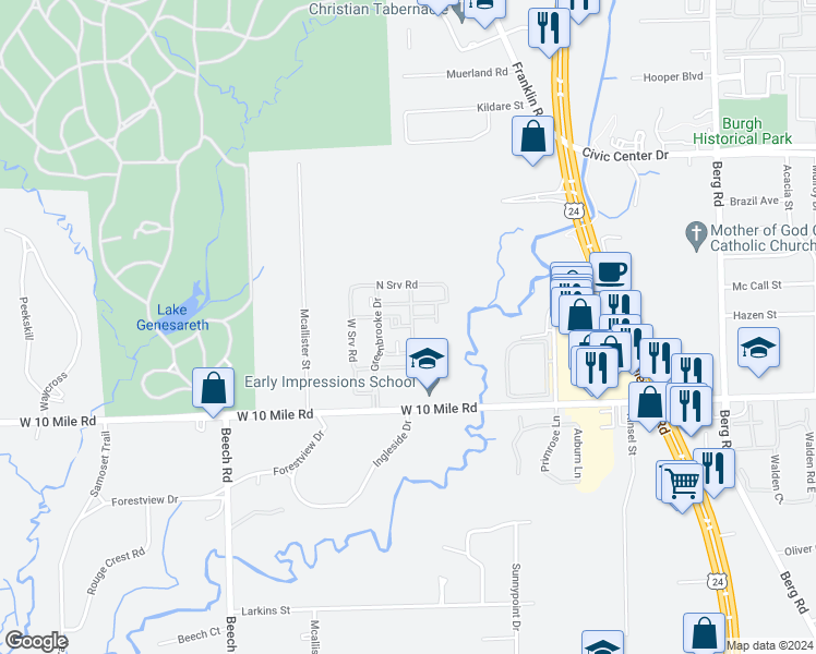 map of restaurants, bars, coffee shops, grocery stores, and more near 25230 Greenbrooke Drive in Southfield