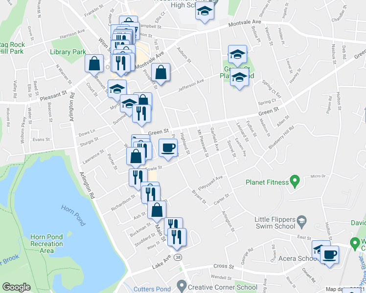 map of restaurants, bars, coffee shops, grocery stores, and more near 7 Glenwood Street in Woburn