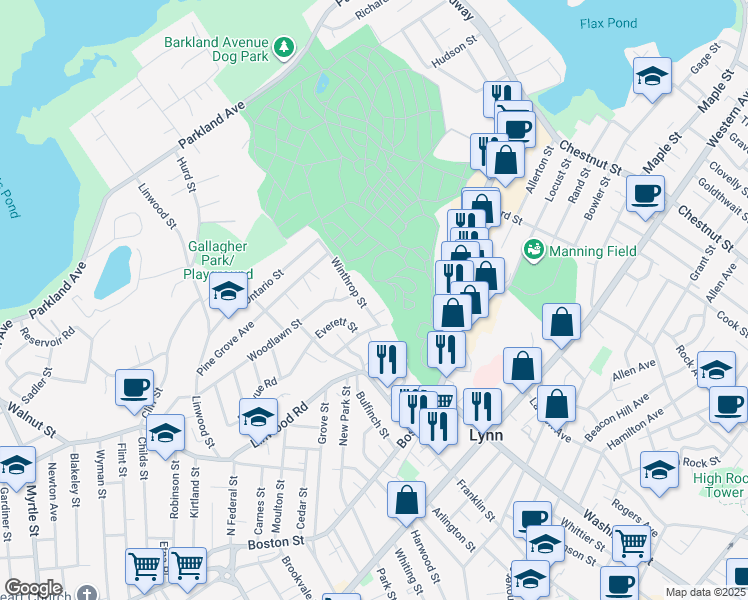 map of restaurants, bars, coffee shops, grocery stores, and more near 25 Winthrop Street in Lynn