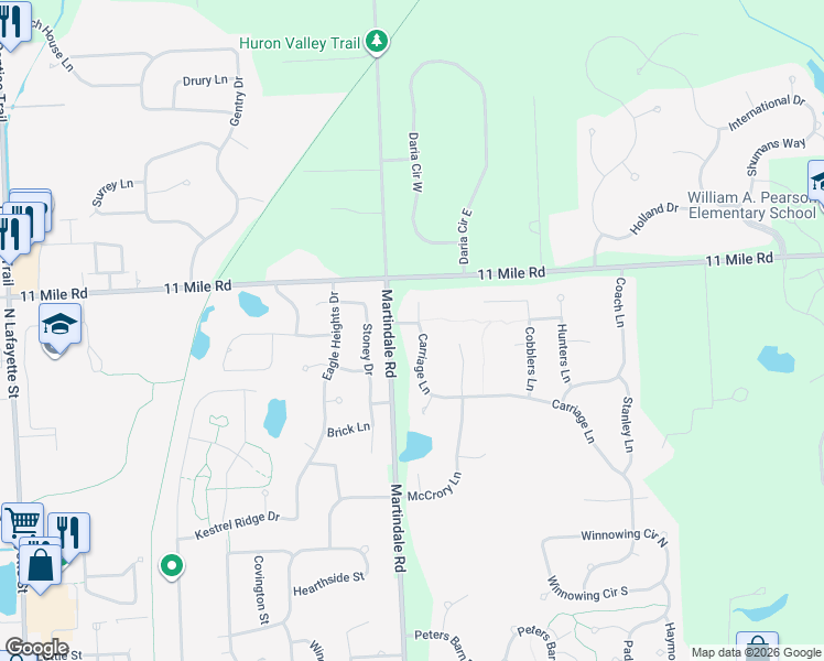map of restaurants, bars, coffee shops, grocery stores, and more near 25907 Carriage Lane in South Lyon