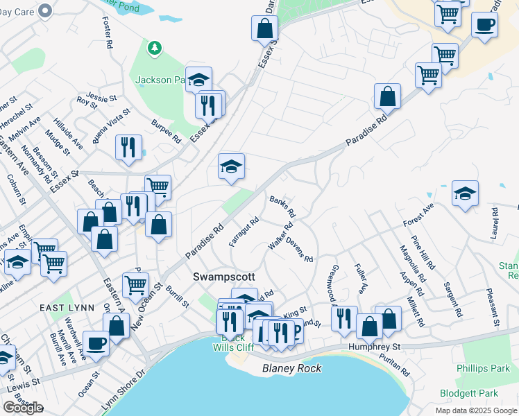 map of restaurants, bars, coffee shops, grocery stores, and more near 86 Farragut Road in Swampscott