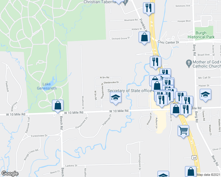 map of restaurants, bars, coffee shops, grocery stores, and more near 25230 Greenbrooke Drive in Southfield