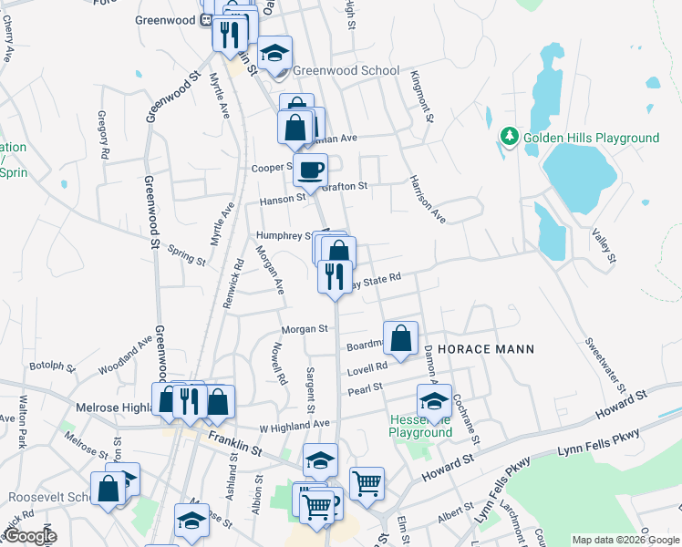 map of restaurants, bars, coffee shops, grocery stores, and more near 1159 Main Street in Melrose