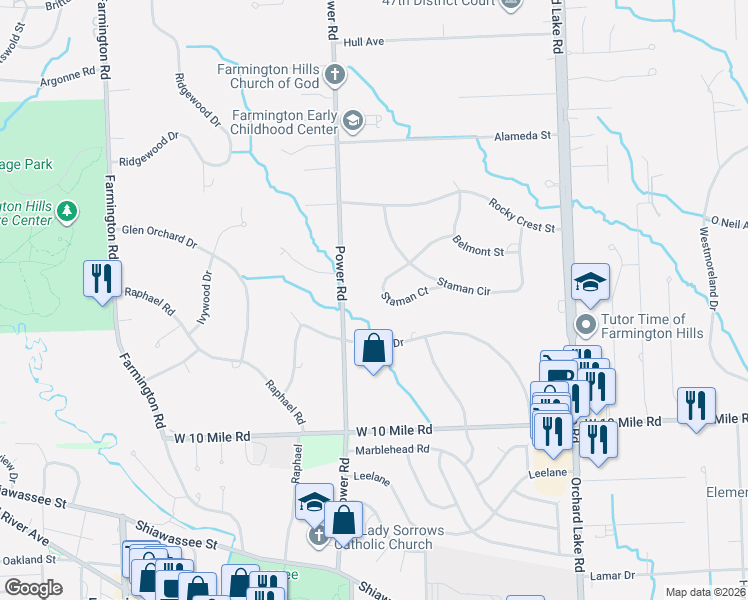 map of restaurants, bars, coffee shops, grocery stores, and more near 31971 Staman Court in Farmington Hills