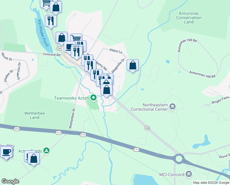 map of restaurants, bars, coffee shops, grocery stores, and more near 16 Shiraz Lane in Acton