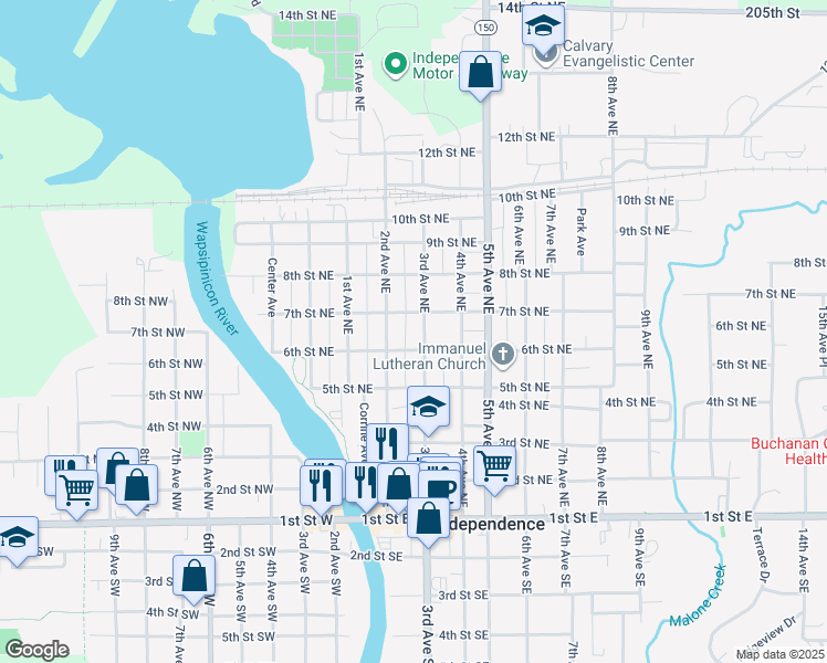 map of restaurants, bars, coffee shops, grocery stores, and more near 600-698 2nd Ave NE in Independence
